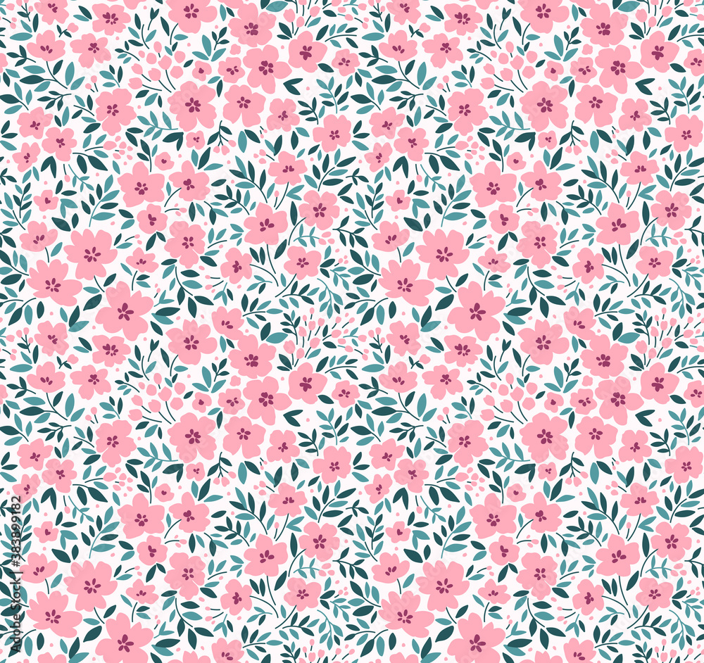 Floral pattern. Pretty flowers on white background. Printing with small pink flowers. Ditsy print. Seamless vector texture. Spring bouquet.