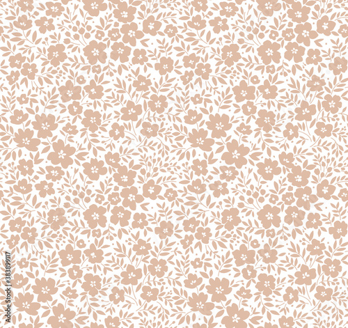 Cute floral pattern in the small flower. Seamless vector texture. Elegant template for fashion prints. Printing with small begie flowers. White background.