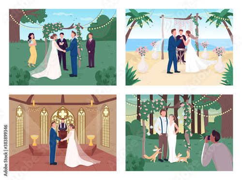 Religious and civil wedding ceremony flat color vector illustration set. Marry in church. Bride and groom 2D cartoon characters with landscape and interior on background collection