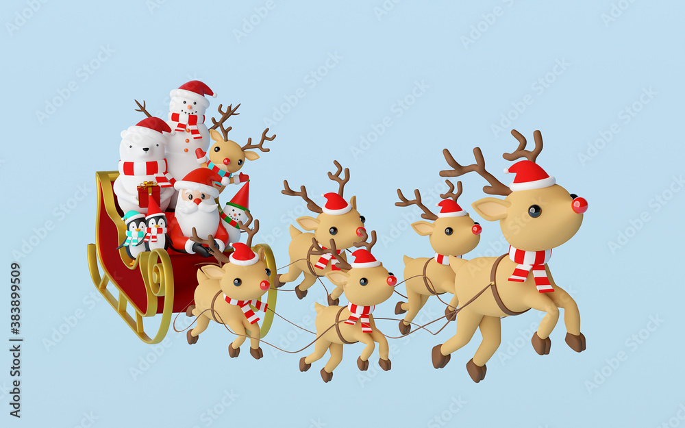 Fototapeta premium Merry Christmas and Happy New Year, Santa Claus and friend in a sleigh pulled by reindeer, 3d rendering
