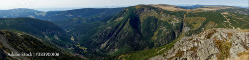 Panoramic view of the valleys in the Giant Mountains. Czech Republic (Sněžka) and Poland (Śnieżka)