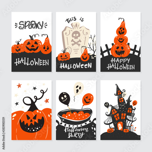 Halloween greeting cards set with handwritten lettering and traditional symbols