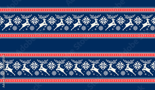 Winter Holiday Pixel Pattern with Christmas Reideers. Traditional Nordic Seamless Striped Ornament. Scheme for Knitted Sweater Pattern Design or Cross Stitch Embroidery.