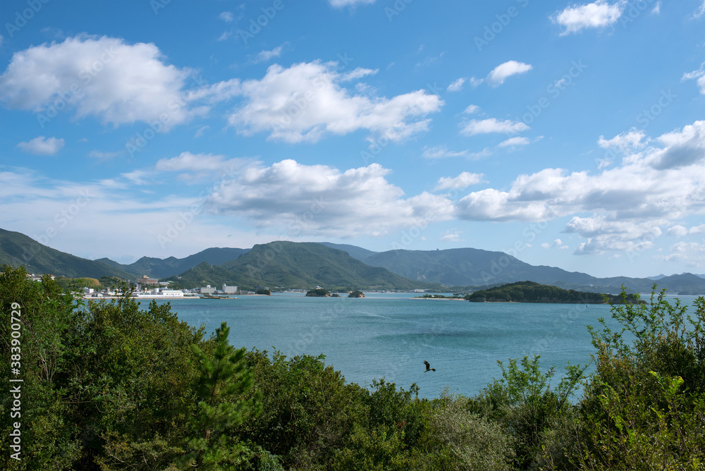 Shodoshima Island coastline including Angel Road in Kagawa, Japan 　香川県・小豆島遠景 土庄東港〜エンジェルロード〜大余島 
