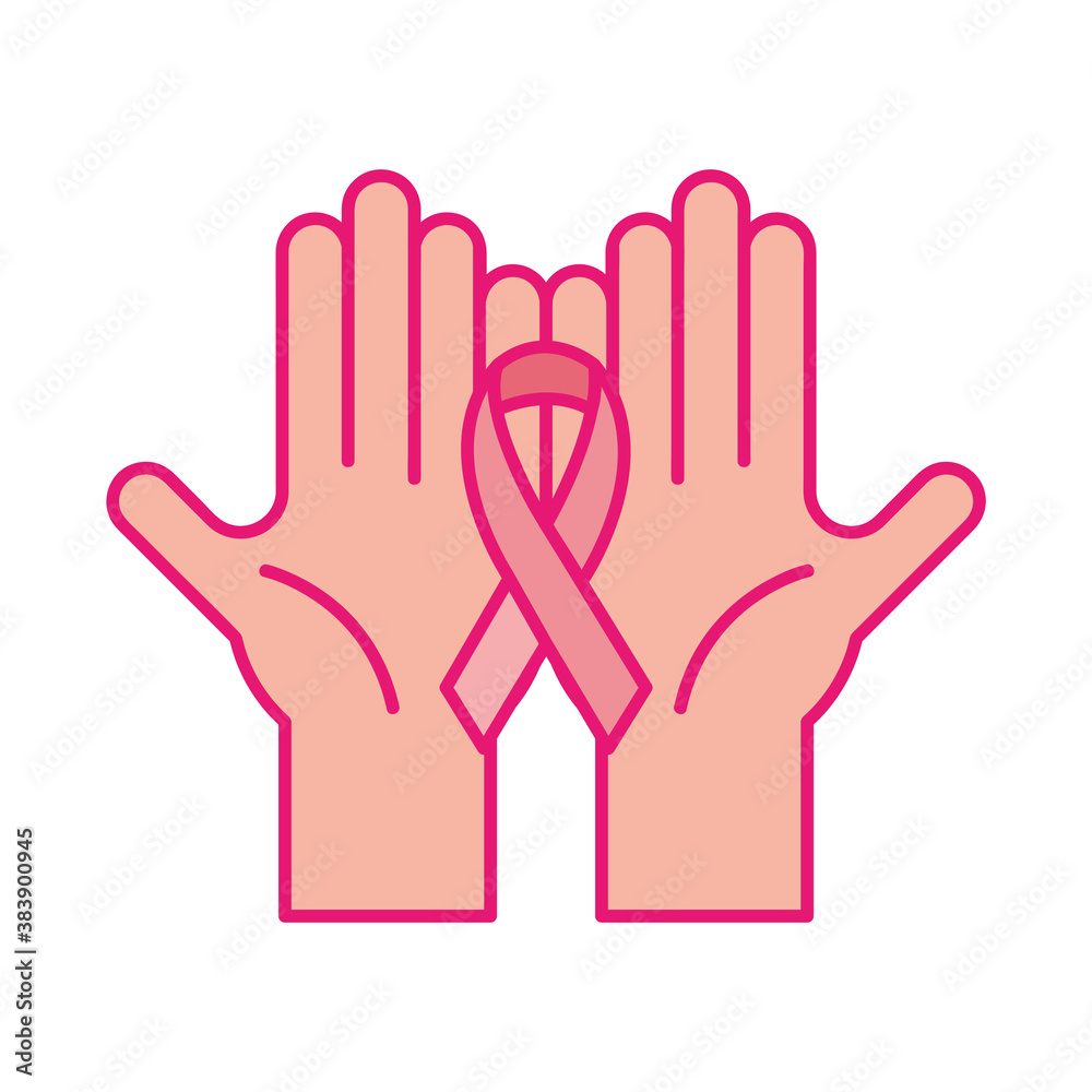 breast cancer ribbon on hands line and fill style icon vector design breast cancer ribbon on hands line and fill style icon vector design