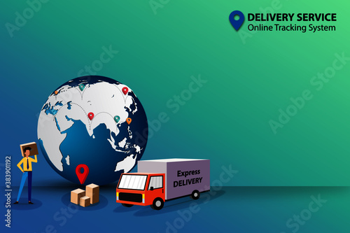 Business concept of online delivery with tracking system, businessman is working and focus on the map and route of shipments to track and deliver the goods to customer on time. Vector 3D design.