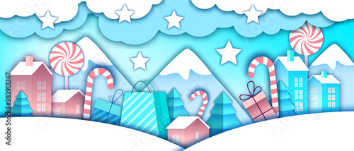 Christmas winter landscape with toy houses, snow drifts, gift boxes, candy cane, lollypop. Paper cut holiday x-mas background with mountains, clouds, presents. Winter landscape with Santa village
