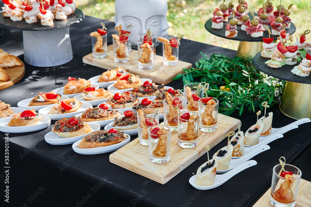 Outdoor catering banquet in summer. Table with snacks and canapes  at a summer banquet