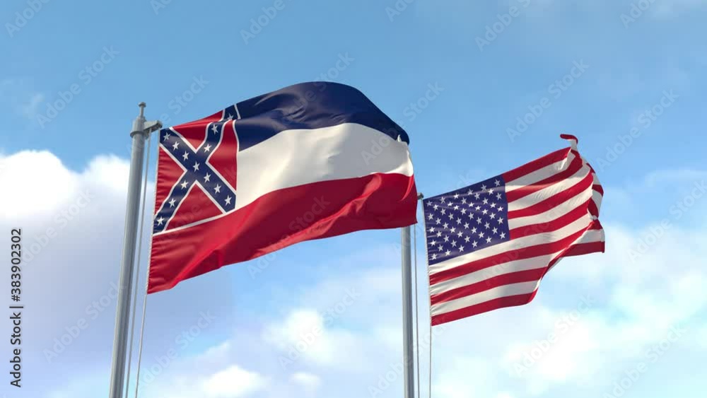 Mississippi State and USA Flags on a flagpole realistic wave on wind. State of Mississippi and The United States of America. Jackson. Luma Mattes for background cutting Mississippi State and USA Flags on a flagpole realistic wave on wind. State of Mississippi and The United States of America. Jackson. Luma Mattes for background cutting