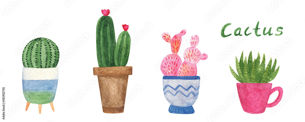 Obraz Set of cute hand drawn watercolor cactus pots. Illustrations house plant for wedding design, logo, greeting card or seasonal design. Isolated on white background.