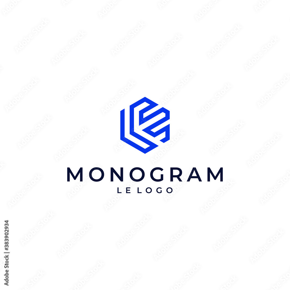 LE logo design modern simple geometric vector with hexagon shape blue color and white background LE logo design modern simple geometric vector with hexagon shape blue color and white background