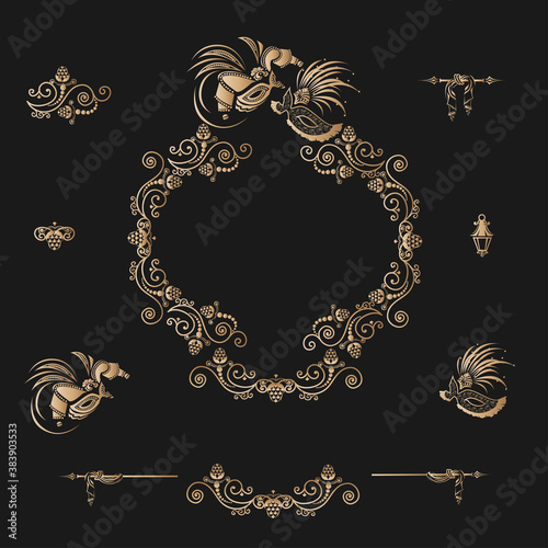 Venetian masquerade vintage set of lace elements. Vector illustration for invitation or poster template.