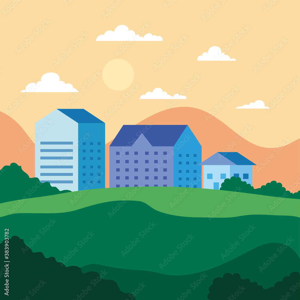 City landscape with houses shrubs clouds and sun vector design
