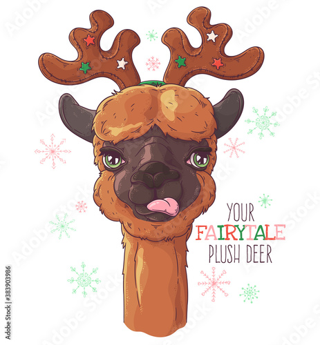 Hand drawn portrait of Christmas alpaca Vector.