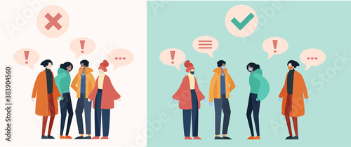 Group of people talking while keeping social distance to prevent covid19 transmission. Flat design illustration.