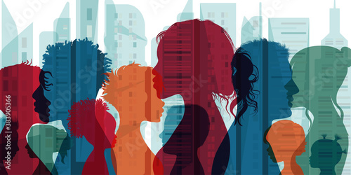 Multiethnic and multicultural population and society. Family community. Group of people diversity silhouette from the side. Crowd. Communication and connection people of different culture