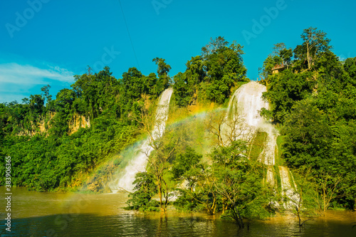 Dai Yem waterfall and red heart bridge. This is a nice waterfall in Moc Chau, Son La province, Vietnam. photo