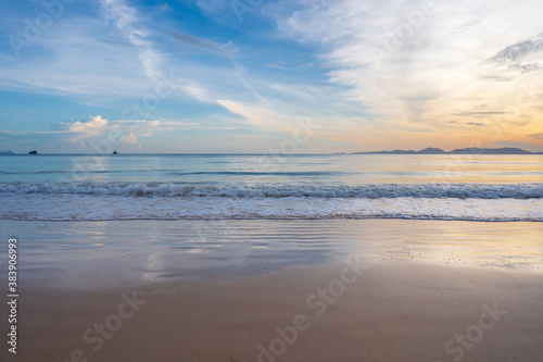 Beautiful views of the sandy beach at sunset. At Klong Muang Beach Krabi Province, Thailand