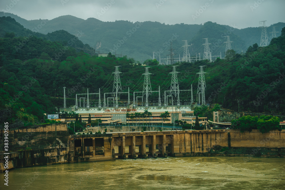 View of Hoa Binh Hydroelectricity Plant. This plant was built from 1979 to 1994 with 8 machines provides 1920 MW, equal to one third of productivity of Vietnam.