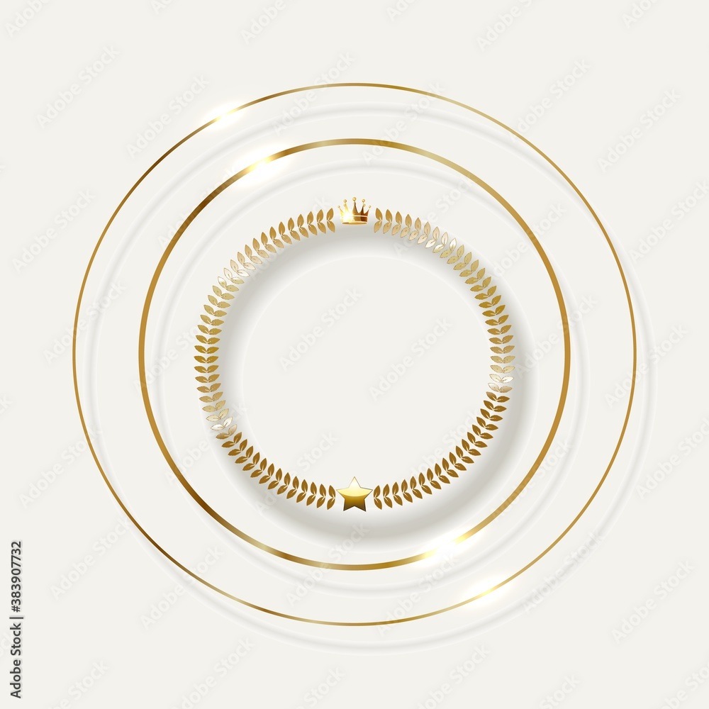 Golden Laurel wreath with crown. Gold leaf emblem isolated on white background. Golden Laurel wreath with crown. Gold leaf emblem isolated on white background.