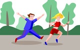 Joint running in the park. Vector sport illustration.