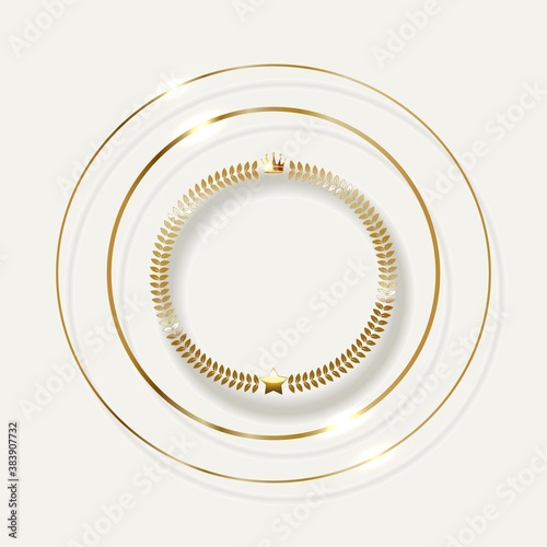 Golden Laurel wreath with crown. Gold leaf emblem isolated on white background.