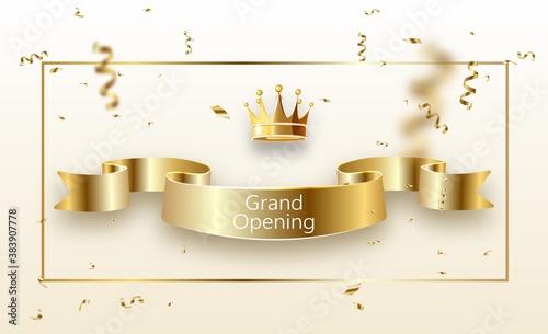 Grand opening banner with curly gold ribbon golden frame.