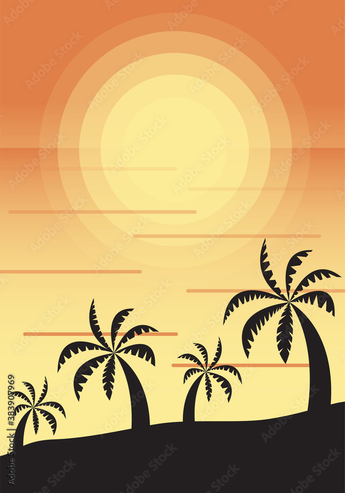 Sunset seascape with palm trees. Vacations on the beach. Gradients in shades of yellow and orange. Vertical vector illustration for postcards, posters, polygraphy, textile, design, interior décor