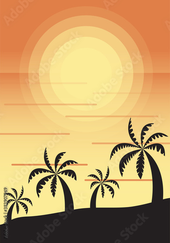 Sunset seascape with palm trees. Vacations on the beach. Gradients in shades of yellow and orange. Vertical vector illustration for postcards  posters  polygraphy  textile  design  interior d  cor