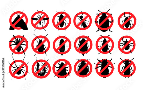 No insects, ban parasites, stop pest. 15 pests. Ban logo vector
