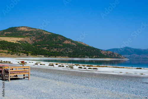 Fototapeta Naklejka Na Ścianę i Meble -  Turquoise lake Salda Burdur Turkey. White mineral rich beach.