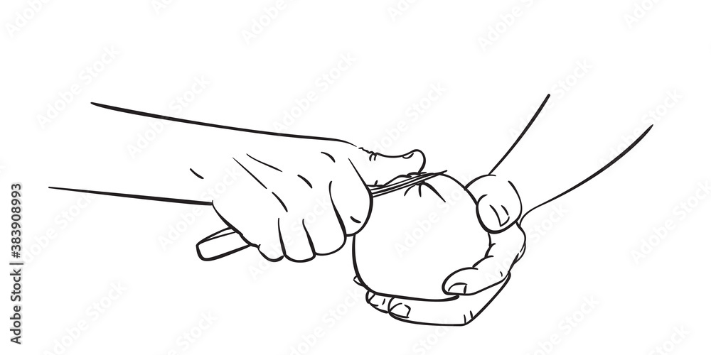 Close up hands peel orange with knife, Vector drawing, Hand drawn