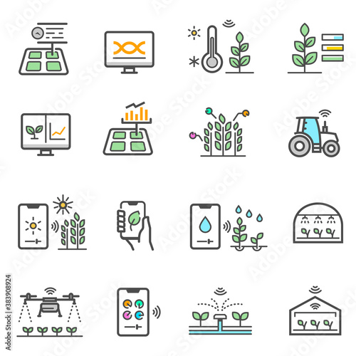 Smart farm, agriculture electronic technology color line icons set isolated on white.