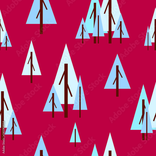 Seamless pattern with winter blue fir-trees. Red background. Cartoon flat style. Garden or forest. Nature and ecology. Merry Christmas. Postcards  wallpaper  textile  scrapbooking and wrapping paper