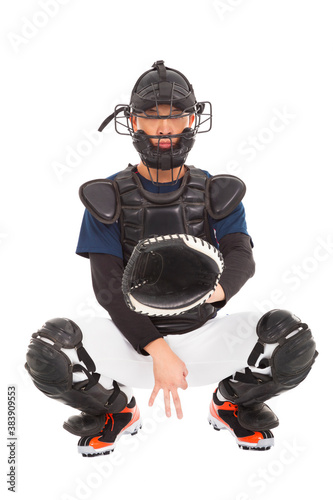 Фотография baseball player , catcher showing secret  signal gesture