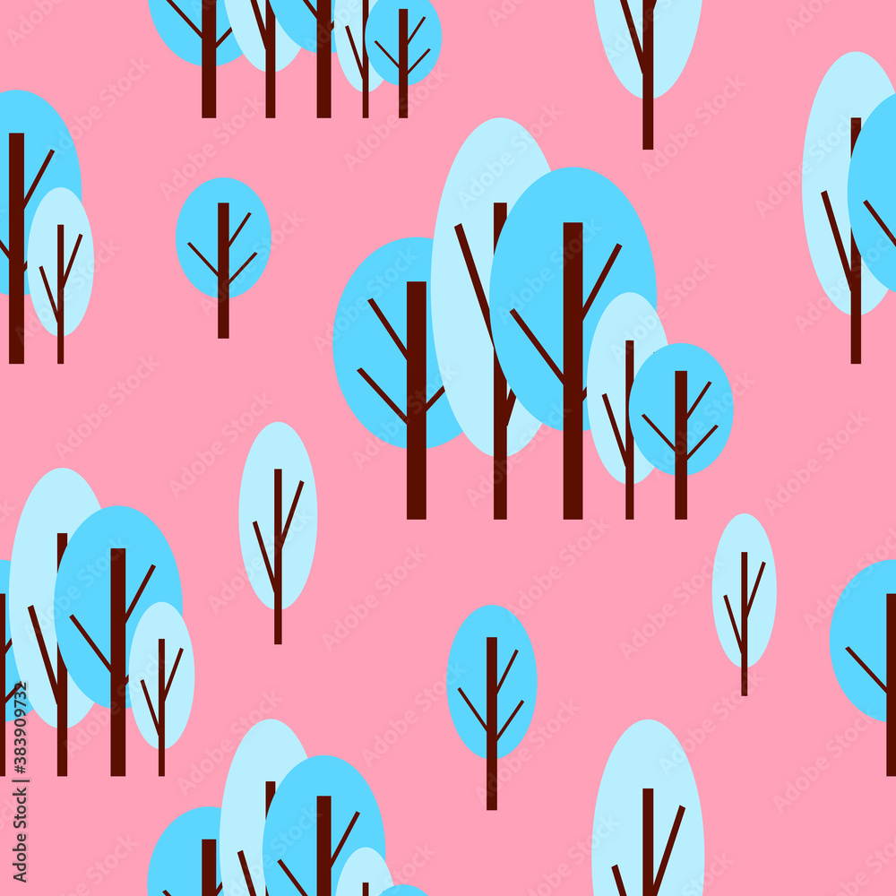Seamless pattern with winter blue trees. Pink background. Cartoon flat style. Garden or forest. Nature and ecology. Merry Christmas. For postcards, wallpaper, textile, scrapbooking and wrapping paper Seamless pattern with winter blue trees. Pink background. Cartoon flat style. Garden or forest. Nature and ecology. Merry Christmas. For postcards, wallpaper, textile, scrapbooking and wrapping paper