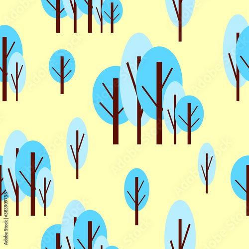 Seamless pattern with winter blue trees. Yellow background. Cartoon flat style. Garden or forest. Nature and ecology. Merry Christmas. For postcards, wallpaper, textile, scrapbooking and wrapping pape