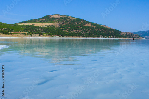 Turquoise lake Salda Burdur Turkey. White mineral rich beach.