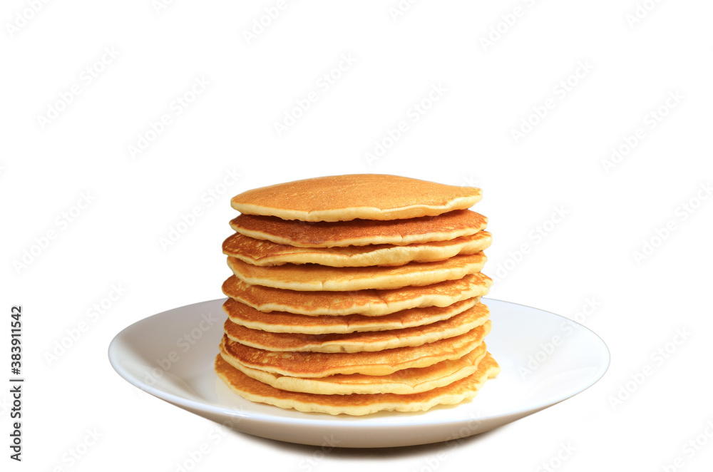 Plate of homemade plain pancake stack isolated on white background Plate of homemade plain pancake stack isolated on white background