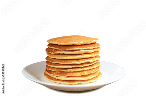 Plate of homemade plain pancake stack isolated on white background	