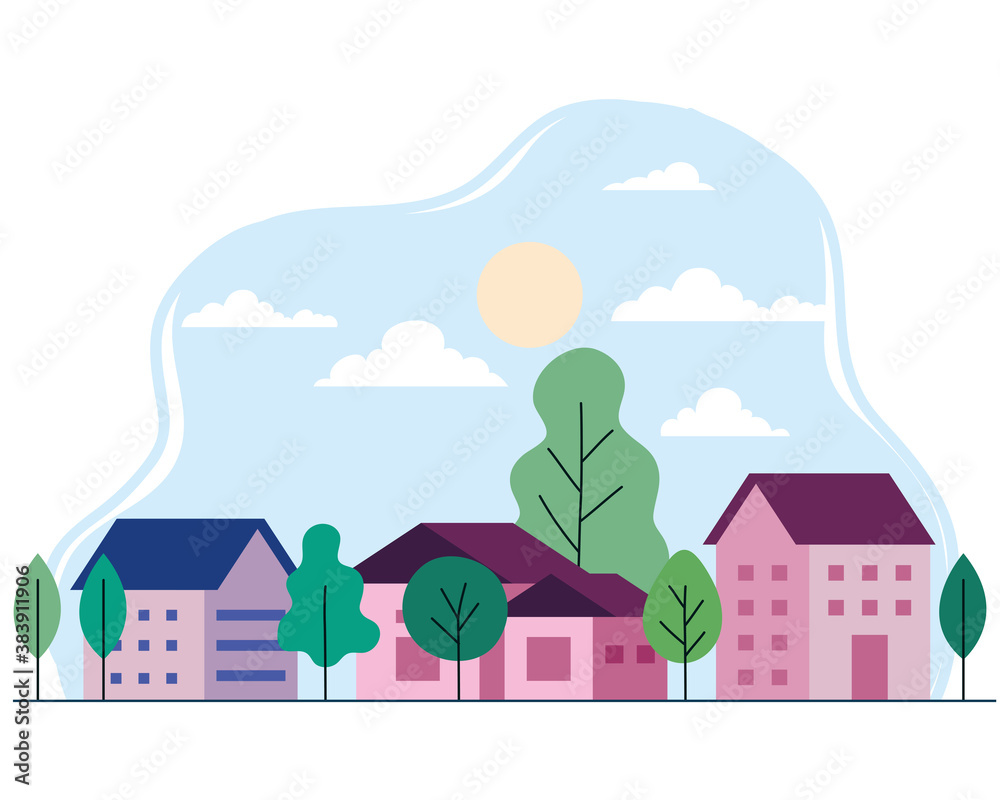 City landscape with houses trees clouds and sun vector design