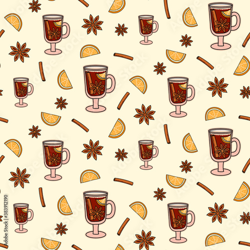Vector seamless pattern with mulled wine, cinnamon sticks, orange slices