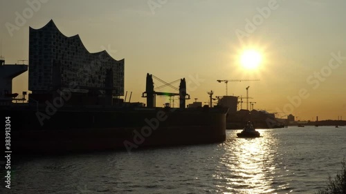 Sunrise at Elbe in Hamburg - Harbour Container Ship