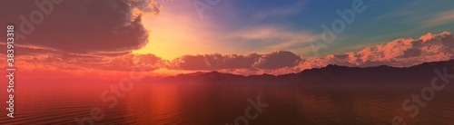 dramatic sunrise over the ocean, Panorama of the sea sunset, beautiful ocean sunset in the clouds, 3D rendering