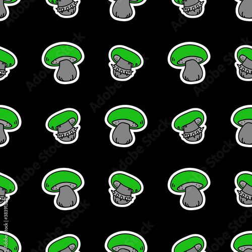 Cute punk rock satans bolete mushroom on black background vector pattern. Grungy alternative home decor with cartoon poisonous forest fungi. Seamless rocker attitude mycology all over print.