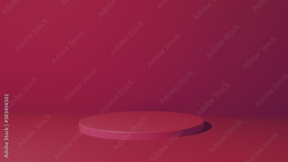 Blank product shelf standing red cylinder on a red background with soft edges and hard highlights. 3D rendering Blank product shelf standing red cylinder on a red background with soft edges and hard highlights. 3D rendering