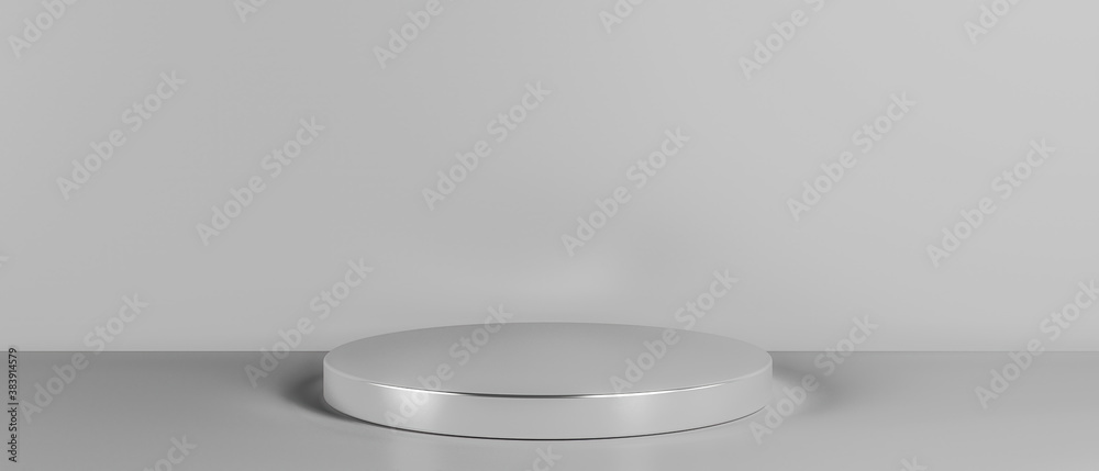 Blank Exhibition or empty product shelf in bright white tones. 3D rendering. Steel shiny silver pedestal of platform display with luxury stand podium on white room background. Blank Exhibition or empty product shelf in bright white tones. 3D rendering. Steel shiny silver pedestal of platform display with luxury stand podium on white room background.