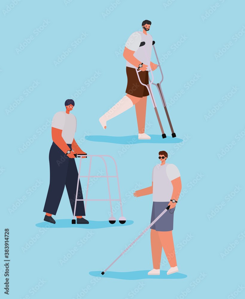 disability men cartoons with walker crutches cast and cane vector design