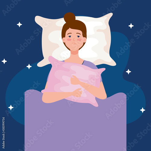 insomnia woman on bed with pillow design, sleep and night theme Vector illustration