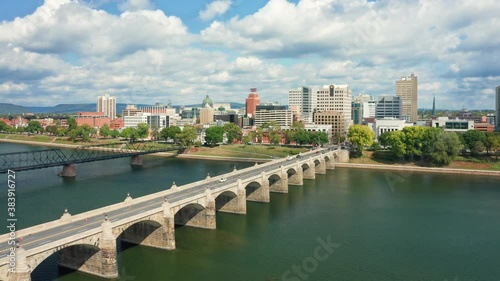 Aerial panning along Harrisburg, PA skyline. Harrisburg is the capital of state and houses the government for the U.S. state of Pennsylvania photo